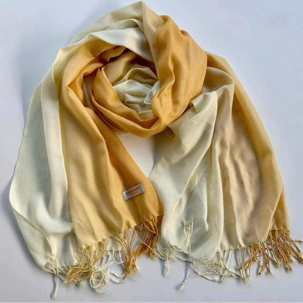 100% Cashmere Pashmina Elegant Ombré Tan -Yellow Cream Shawl Wrap Scarf, 26”x70”